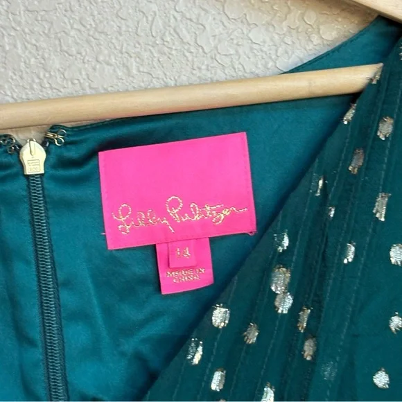 Lilly Pulitzer Cleme Spruce Green Silk Gold Metallic Dot Dress Size 14 - Picture 7 of 11
